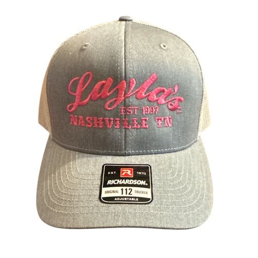 Gray and red cap with 'Lasla's Nashville TN' text on a white background