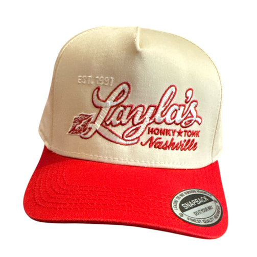 Beige and red cap with 'Layla's Honky Tonk Nashville' text on a white background