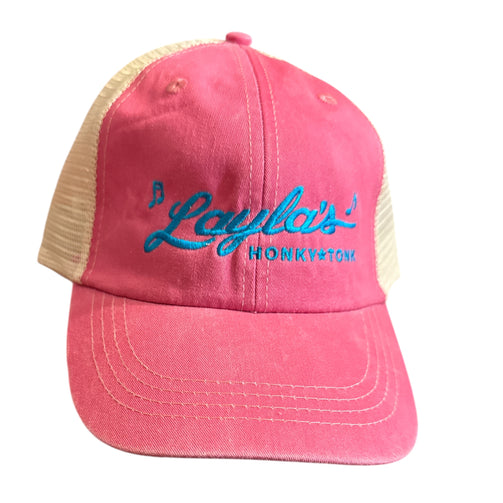 Adams brand with buckle style back, Blue and Pink with 'Layla's Honkytonk' embroidery.