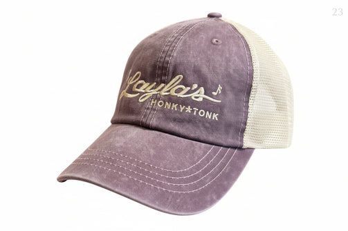 Adams brand with buckle style back, Wild Plum and Ivory with 'Layla's Honkytonk' embroidery.