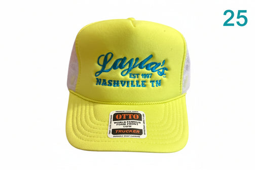 Yellow trucker hat with 'Layla's Nashville TN' text on a white background