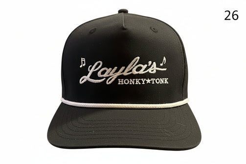 Black cap with 'Layla's Honky Tonk' embroidery on a white background