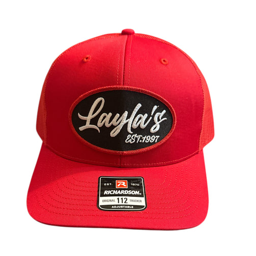 Red cap with 'Layla's' logo and Richardson label on a white background
