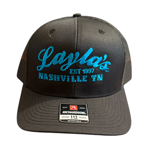 Black cap with blue text and Richardson logo on a white background