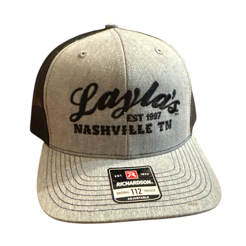 Gray and black cap with 'Layla's Nashville TN' text on a white background