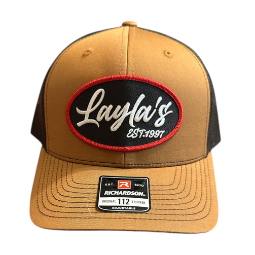 Brown trucker hat with 'Layla's' logo and Richardson label on a white background