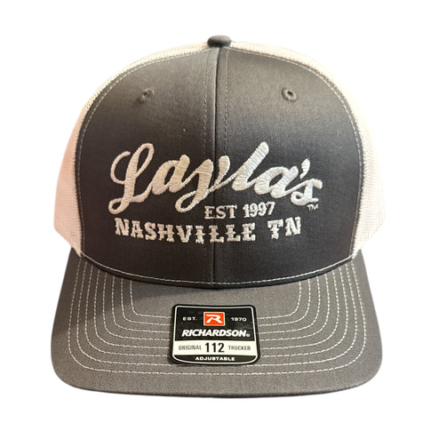 Gray and black cap with 'Layla's Nashville TN' text on a white background